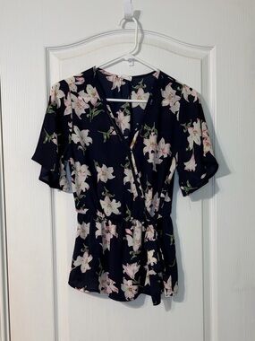 Sienna Sky Navy Floral Wrap Top with Pink Lilies